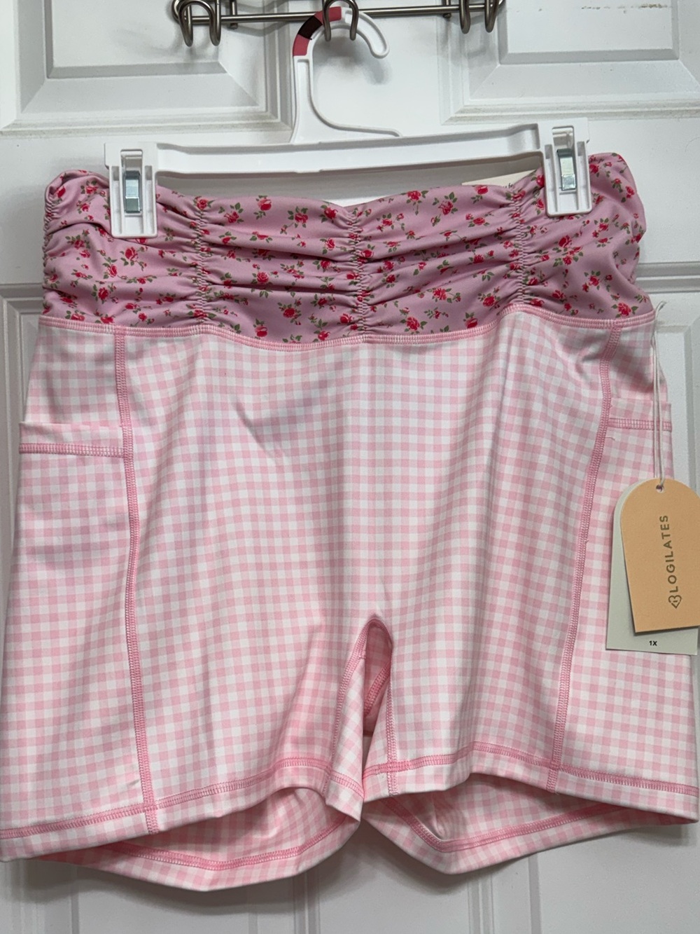Blogilates Women's Ruched Waist Short - Pink Gingham Size 1X